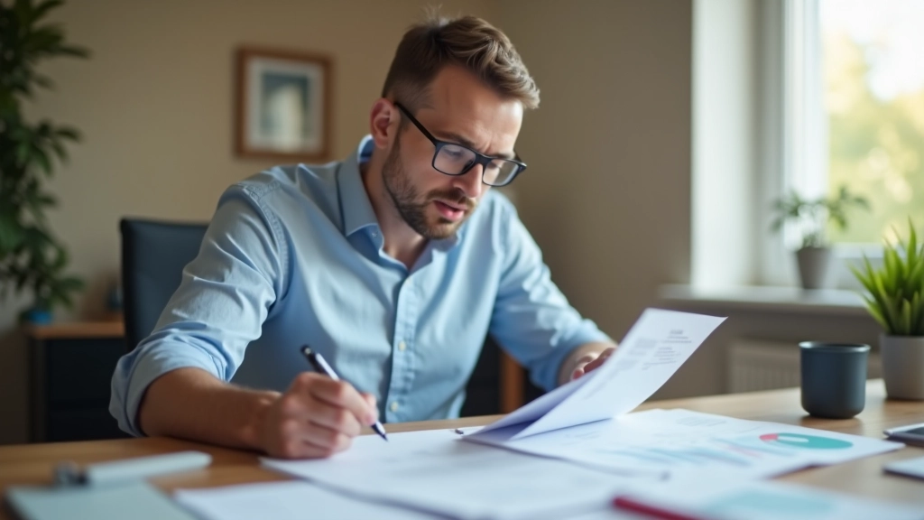 Person studiert Finanzberichte und Budgetplanung an Schreibtisch