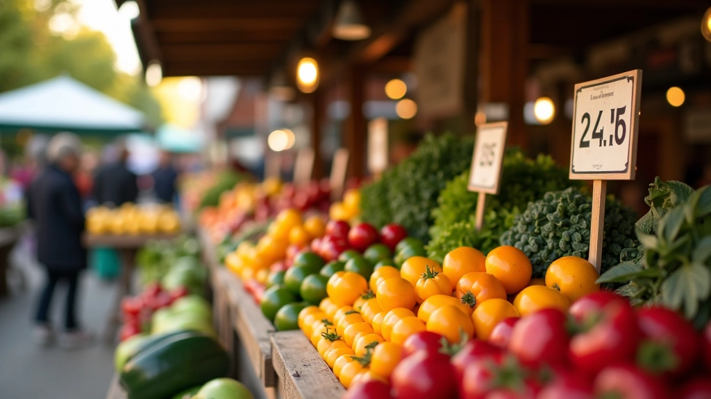 Gemüsestand auf Wochenmarkt in Bonn mit Preisschildern und frischen Produkten
