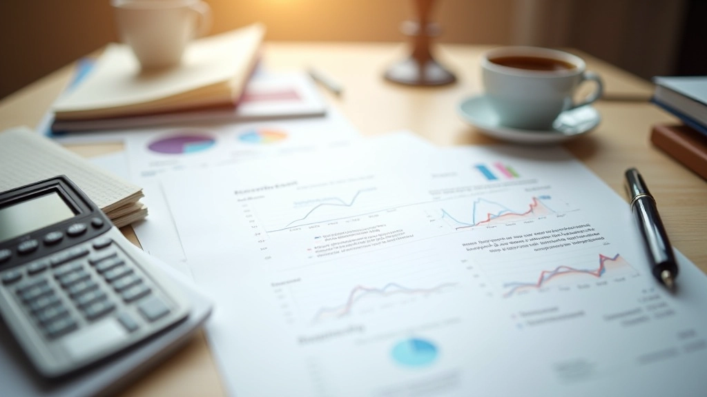 Schreibtisch mit Budgetplanungsunterlagen, Kaffeetasse und Notizblock mit Stiften