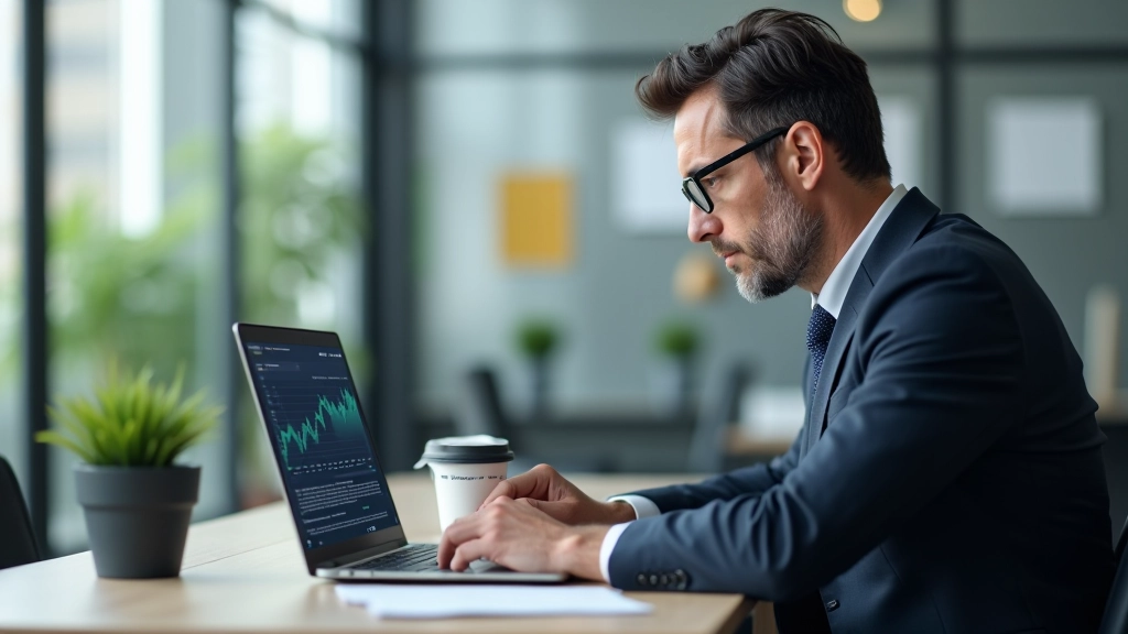 Laptop mit Finanz-Dashboard auf Schreibtisch, Kaffee und Notizen daneben