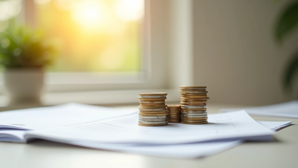 Sparbuch und Münzenstapel neben Finanzberichten auf Schreibtisch