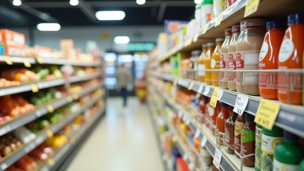Regal mit verschiedenen Lebensmitteln und Preisschildern, Supermarktumgebung, realistische Fotografie