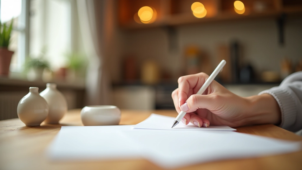 Person schreibt Einkaufsliste am Küchentisch mit Stift und Notizblock